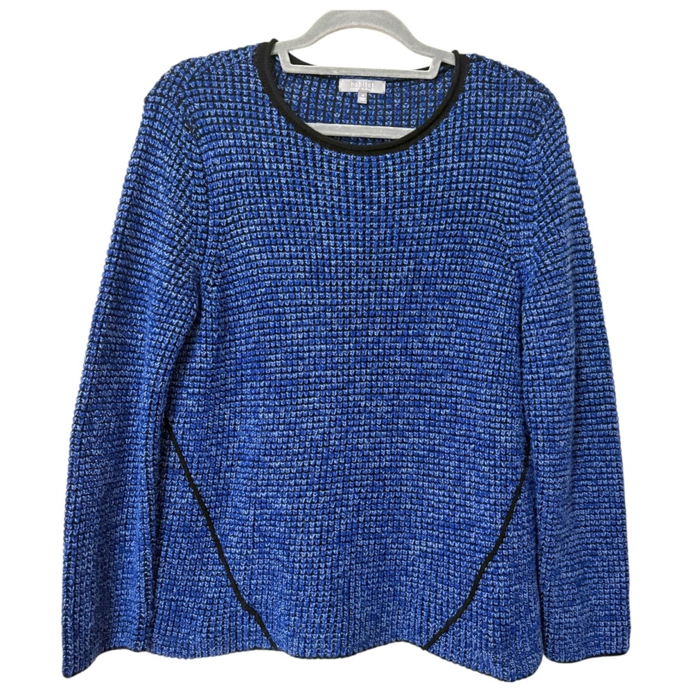 Habitat Womens M Sweater Blue Black Waffle Knit Lagenlook Artsy Chunky Relaxed